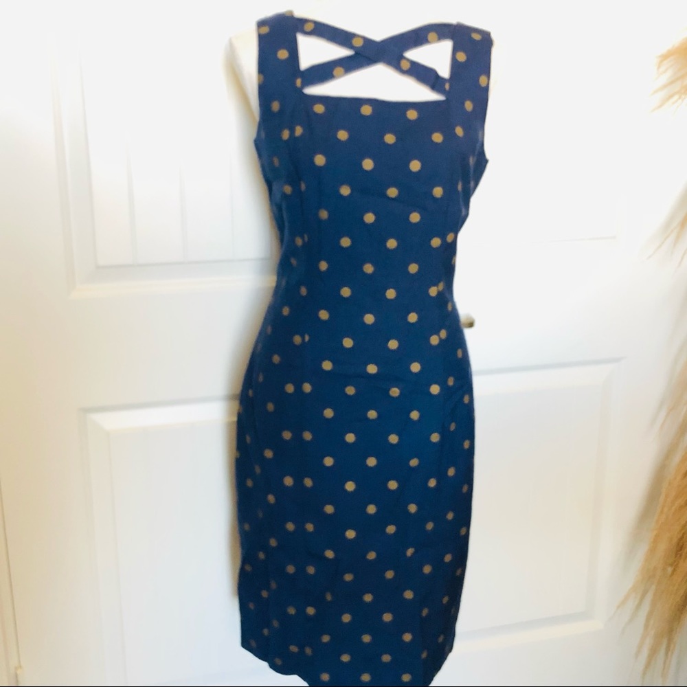 Vintage Leslie Lucks 80s Fitted Sheath Navy Polka Dot Dress Size 10